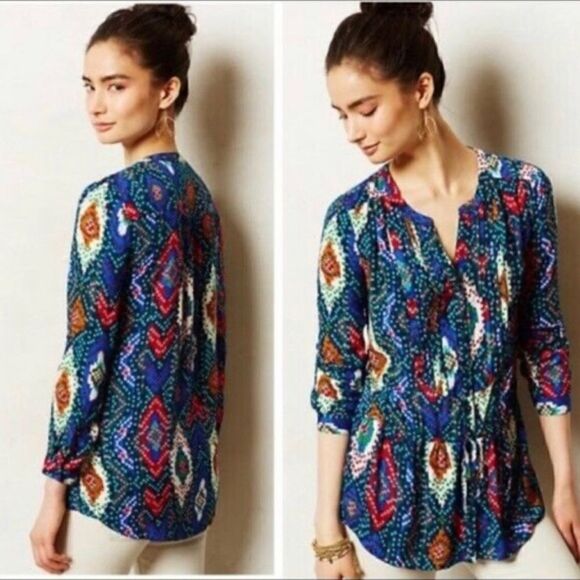 Maeve Anthropologie Topoxte Geometric Ikat Button Front Blouse Shirt Size 4 - Picture 1 of 8